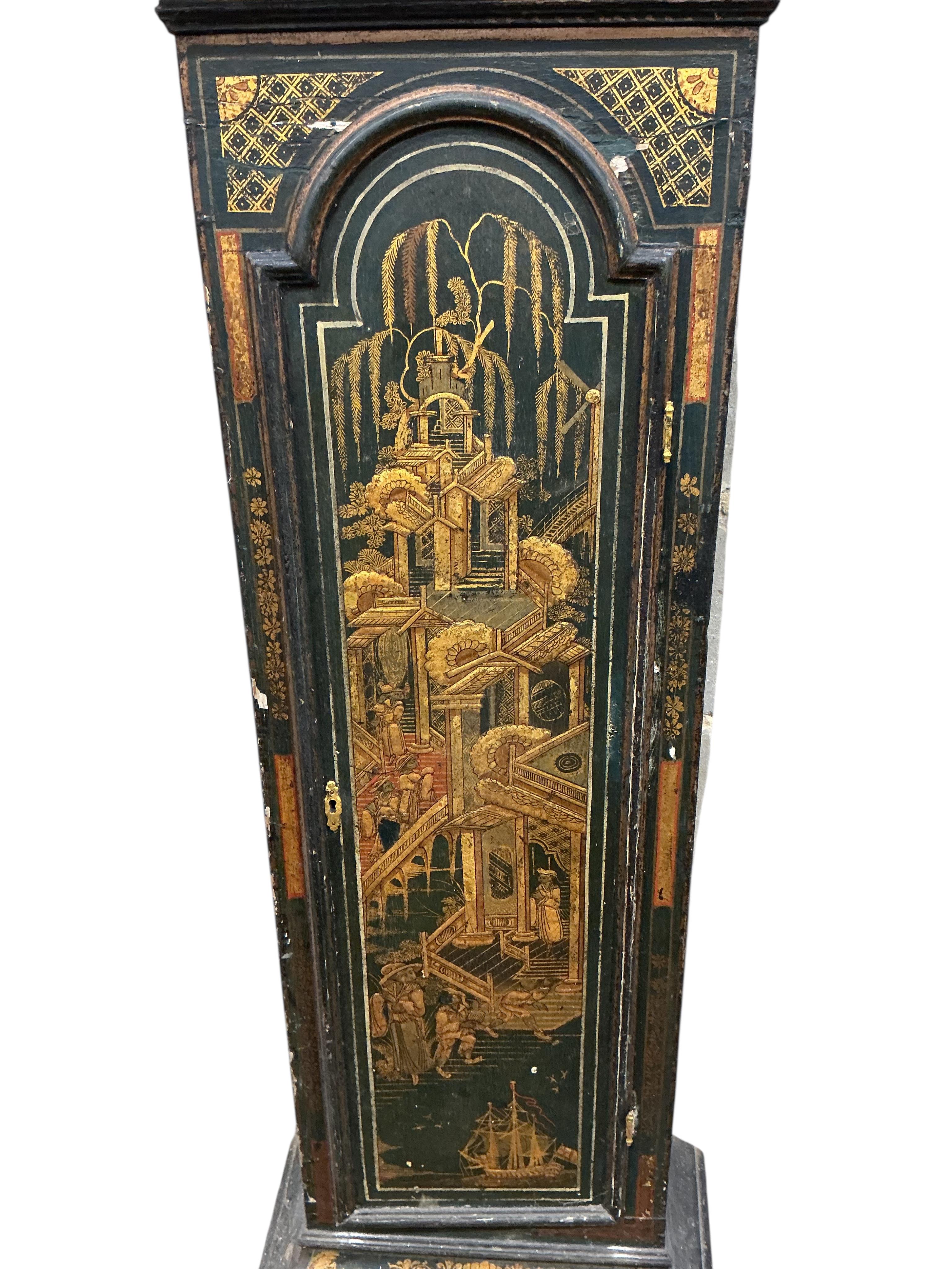 A chinoiserie lacquered longcase clock, dial marked Robert Lyon, height 230cm